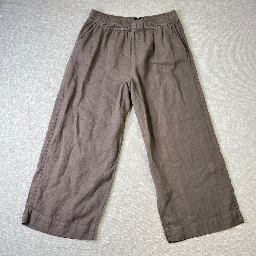 Tahari 100% Linen Wide Leg Crop Pants Women Brown Elastic Waist Size XL